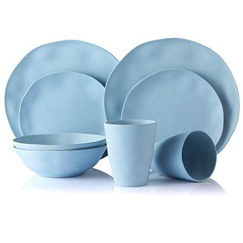 MORGIANA 8 pcs Reusable Bamboo Dinnerware Set, Bamboo Camping Dishes with Bamboo Bowls Plates Dishes for 2 (Blue)