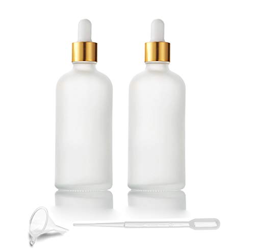 Dropper Bottles, 2 Pack 100ml/3.4oz, Frosted Glass with Glass Dropper, Golden Caps Travel Perfume Cosmetic Containers  Pipette 
