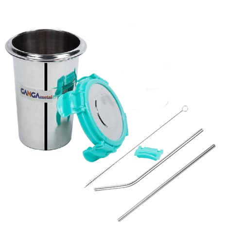 Gangametal Stainless Steel Tumbler With Lid And Straws | Glass Tumbler Steel Lid | Steel Glass With Lid | Airtight Freezer Safe 