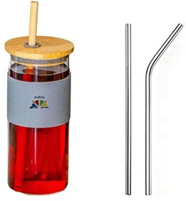 Glass Tumbler With Silicon Grip Bamboo Straw & Bamboo Lid With 2 Steel Straw Glass Tumbler (400 Ml) Bz_Bamboo Tumbler With Steel