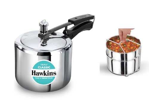 Hawkins Triply Stainless Steel Inner Lid Pressure Cooker, 3 Litres Tall, With Two Dish Set/Separator, 3 Liter