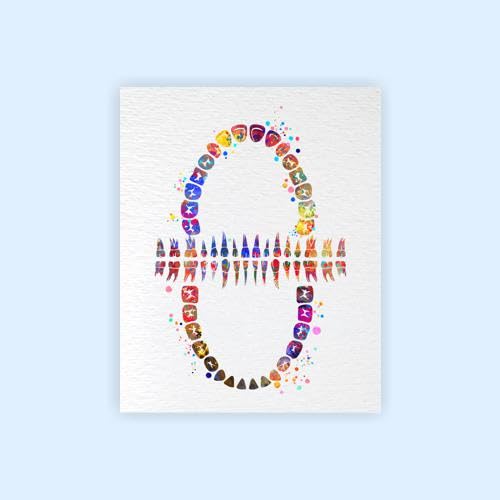 Dignovel Studios 8X10 Unframed Tooth Chart Anatomical Art Dental Clinic Dentistry Science Watercolor Art Print Poster Dn565