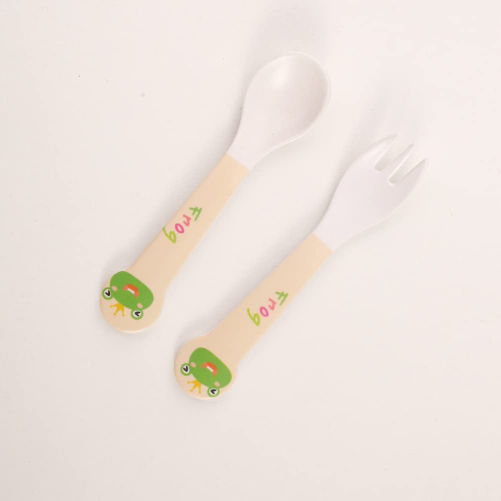 Fekdod Kids Dinnerware Set Bamboo 5 Pcs with Plate Bowl Cup Fork Spoon (Frog)