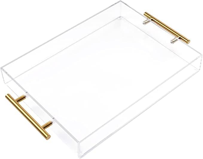 12''X16'' Clear Acrylic Serving Tray With Golden Handles, Sturdy Huge Capacity Acrylic Tray For Coffee, Juice, Kitchen And Desk