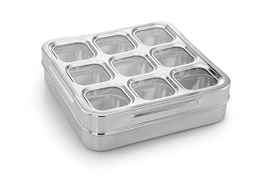 Dibha Stainless Steel Square Masala (Spice) Box/Dabba/Organiser (Square Cutting SeeThrough Lid) With 9 Containers (Large Size) 