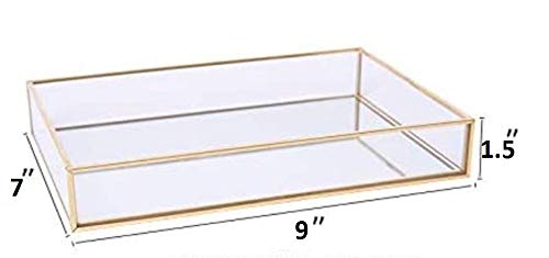 Ruhi Collections Rectangle Glass Tray With Gold Rim And Mirror Base Vanity Table Decoration [9 X 7 Inches]