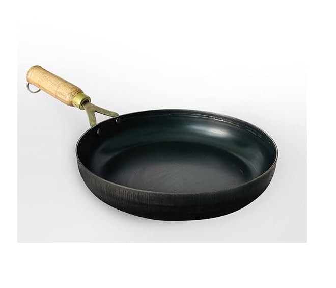 Saifpro Iron Fry Pan With Wooden Handle, Black Flat Sheet Metal Iron Traditional Frying Pan (8 Inch)