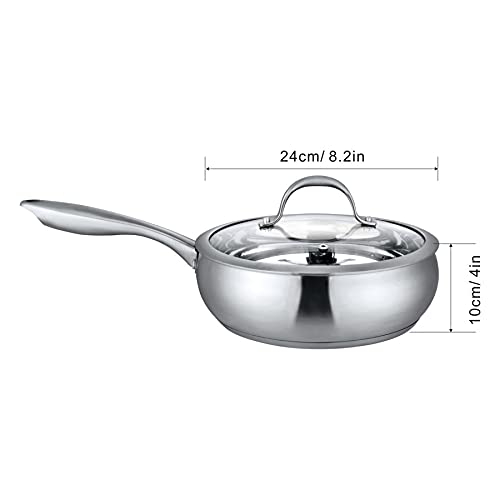 J&V Textiles Stainless Cookware, 9.5-Inch Fry Pan With Lid, Tri-Ply Stainless Steel, Professional Grade, Silver,*