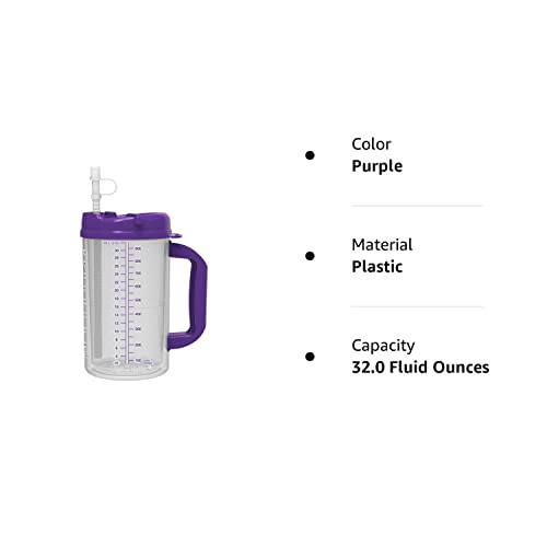 32 Oz Double Wall Insulated Hospital Mug - Cold Drink Mug - Large Carry Handle - Includes Straw (3, Purple)