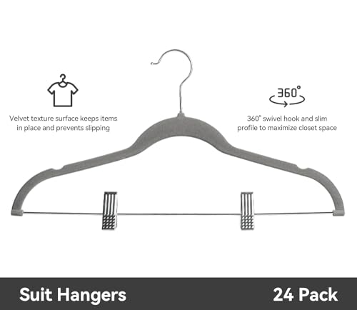 Softflame Velvet Pants Hangers Pack Of 24, Non-Slip Skirt Clothes Trousers Hangers With Adjustable Clips, 360  Swivel Hooks Grey