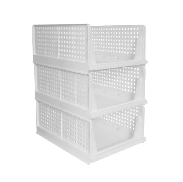 3Layer Foldable Wardrobe Clothes Organiser Shelf Basket, Stackable Plastic Storage Drawers, White