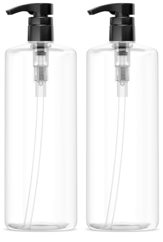 Bar5F Empty Shampoo Bottles with Pumps  32oz/1Liter/Large  BPA-Free  Lightweight (Medium Density PETE1 Plastic) Pack of 2  Oval Shape Clear Bottles