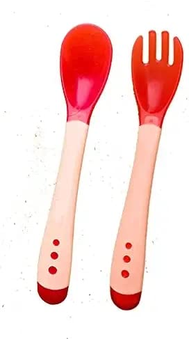 Ganpati Enterprises Silicone Tip Heat Sensitive Silicone Spoons | Temperature Sensing Spoons | (Spoon Fork Red)