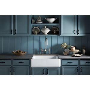 Kohler K-6487-95 Whitehaven Farmhouse Self-Trimming Apron Front Single Basin Kitchen Sink With Tall Apron, Ice Grey, 30 Inch