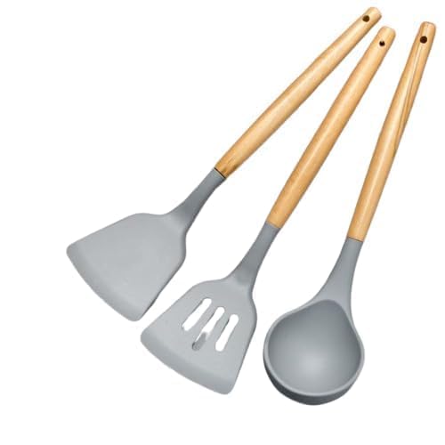 Freshmark Silicone Kitchen Utensil | Heat Resistant Soup Ladle, Slotted Turner, And Solid Spatula With Wooden Handles For NonSt