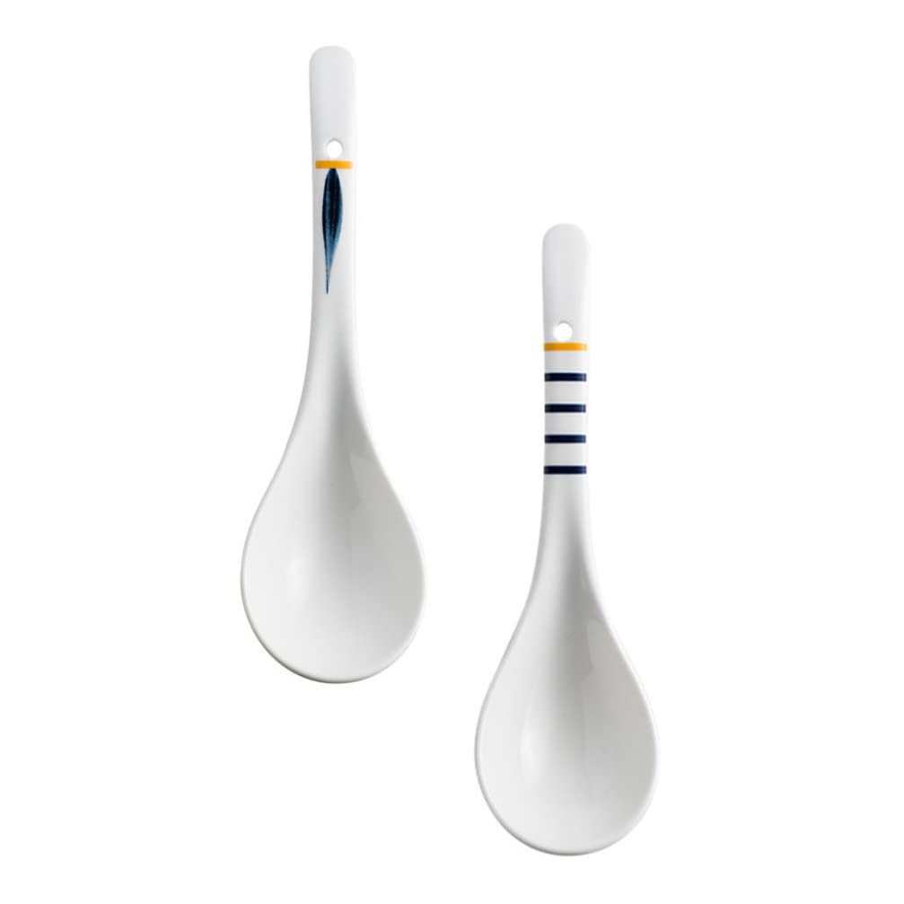 Hemoton Ceramic Soup Spoon Set of 2 9.05 Inch Long Handle Kitchen Spoon for Rice Porridge Serving Household Dining Restaurant Ca