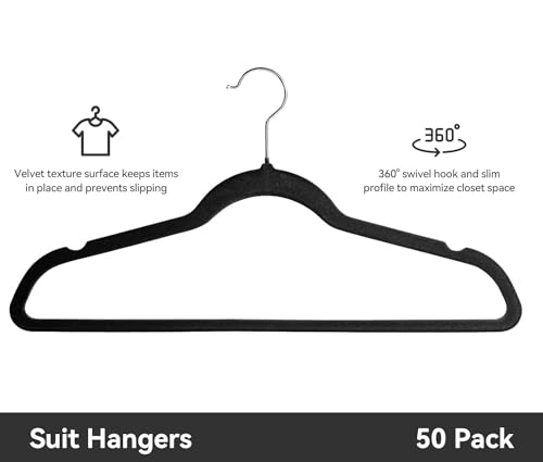 Softflame Premium Velvet Hangers 50 Pack, Non-Slip Suit Clothes Hangers, 360 Degree Swivel Hooks And Slim Profile To Maximize Cl