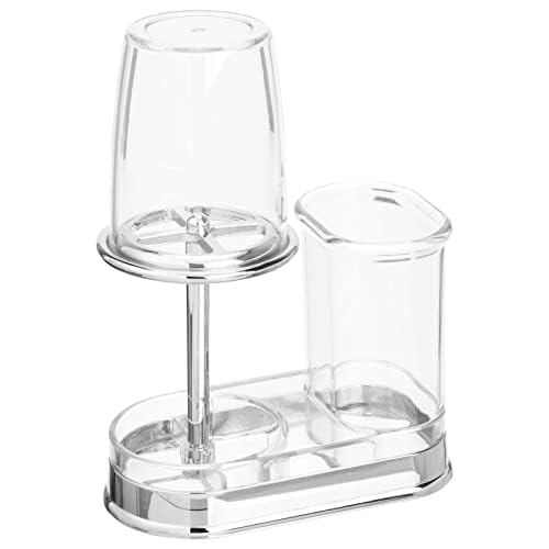 mDesign Plastic Toothpaste and Toothbrush Holder Center with Cup/Cover - Organizer for Bathroom Vanity Countertop - Holds Paste,