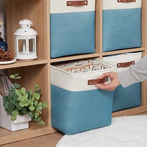 HNZIGE Fabric Storage Cubes Baskets 13 Inch Cube Storage Bins with Handles(4 Pack) Decorative Storage Baskets for Organizing Clothes  Toys  Closet  Nursery (Teal White)
