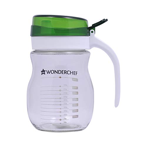Wonderchef Oil Pourer Glass Bottle For Kitchen, Transparent Oil Pourer And Holder With Green Lid, Accurate Pouring Without Wasta