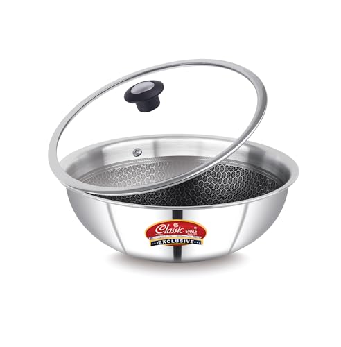 Classic Steels Hexa Comb Triply Stainless Steel Tasla With Glass Lid - 1.5 Ltr (20Cm) | Induction & Gas Compatible | Silver | He