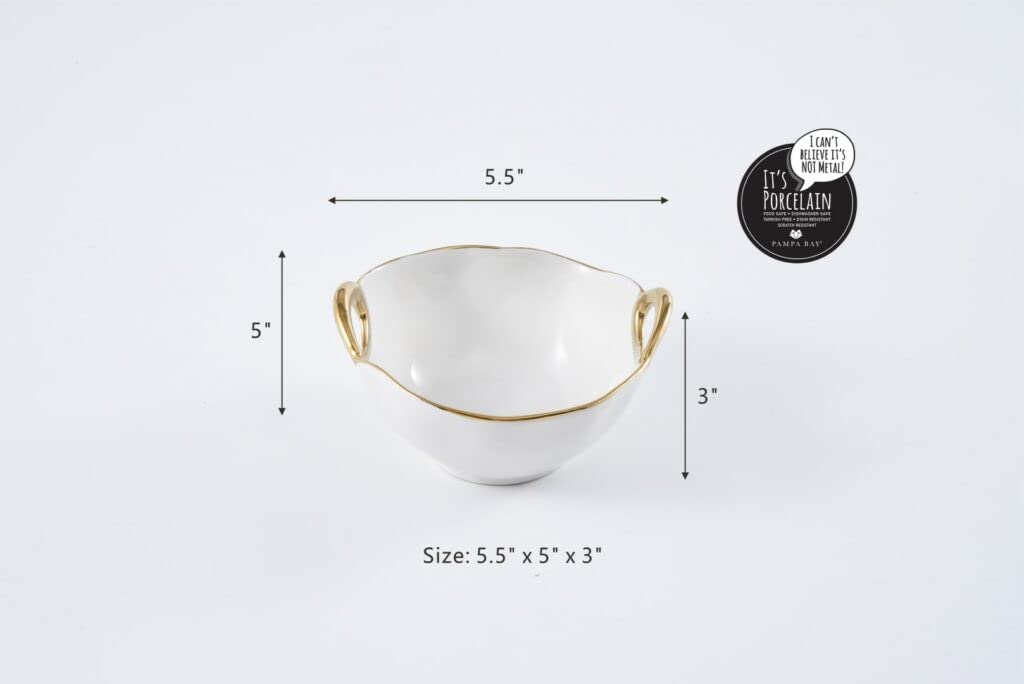 Pampa Bay Snack Bowl, Porcelain, 5.5x5x3 Inch, White and Gold, Model CER-2659-WG
