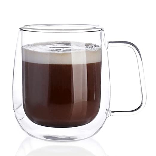SIMPARTE Lily Double Wall Glass Coffee Mugs 250ml Set of 1 Insulated Crystal Clear Tea Cups with Handle for Hot & Cold Coffee La