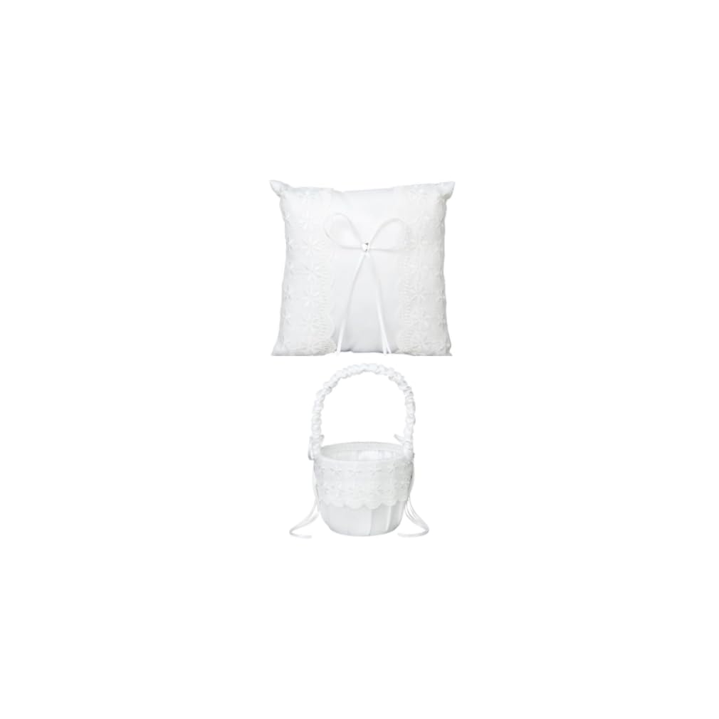 The Crafty Owl White Satin Lace Embellished Wedding Flower Girl Pillow And Basket Set
