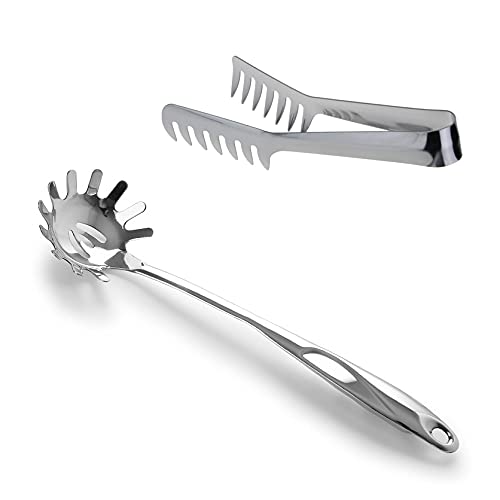 Horntide Stainless Steel Pasta Server Set 1X 8-Inch Serving Tongs 1X 12-Inch Spaghetti Claw Teethed Ends Design Kitchen Tools