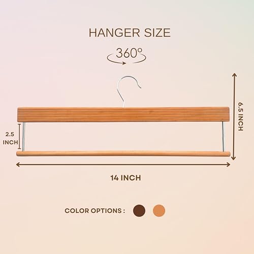 Bloomax German Technique, Trouser Pants Hangers With Non Slip Bar Smooth Finish, Wooden Hangers, 360 Hook- Ideal For Pants, Natu