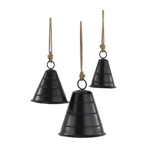 Deco 79 Black Metal Tibetan Inspired Decorative Cow Bells with Jute Hanging Rope, Set of 3 10, 8, 5H - Wide Cone