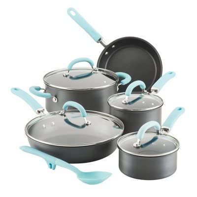 Rachael Ray Create Delicious Hard Anodized Nonstick Cookware Induction Pots and Pans Set, 10 Piece  Gray with Light Blue Handle
