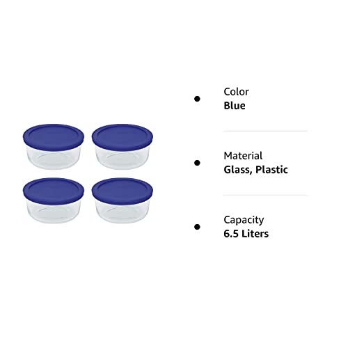 Pyrex Storage 4 Cup Round Dish, Clear With Blue Lid - Original Genuine Pyrex - Pack Of 4 Containers