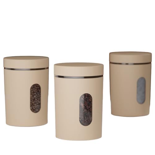 Bhaktitany Modern Kitchen Storage Canisters Set, Beige Plastic Containers With Viewing Window, Airtight Lids For Coffee Tea Suga
