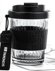 KiKiluxxa Glass Fruit Juice Milk Mug with Lid with Travel Holder Clip 370mlPack of 1  Glass Black Tea and Coffee Sipper Tumbl
