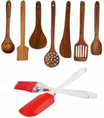 Ruby Perl Beautiful Wooden 7 Spoons Set & 2 Silicone Spoons Pack Of 9 Spoons Kitchen Tool Set (Multicolor, Ladle)_Bz_7+2Silicone