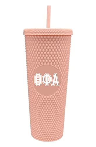 Sorority Shop Theta Phi Alpha Studded Tumbler With Straw - 24 Oz Tumbler With Lid And Straw, Matte Coral, Reusable Plastic Cup W