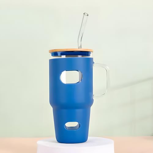 The Better Home Borosilicate Glass Tumbler With Bamboo Lid, Glass Straw | Blue Anti Slip Silicone Sleeve | Lightweight & Leak-Pr