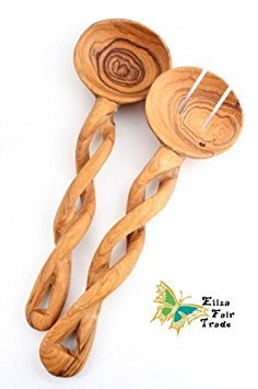 Handmade Wild Olive Wood Salad Server Set By Eliza Fair Trade - Wooden Salad Tongs - 8'' Long