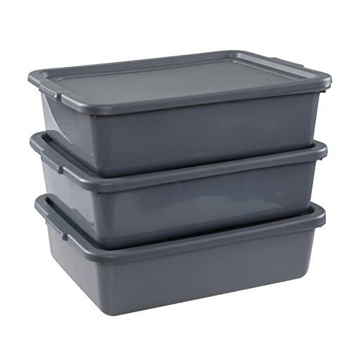 Lesbin 3-Pack 13 L Plastic Commercial Tote Box With Lid, Bus Tubs/Bus Box, Gray