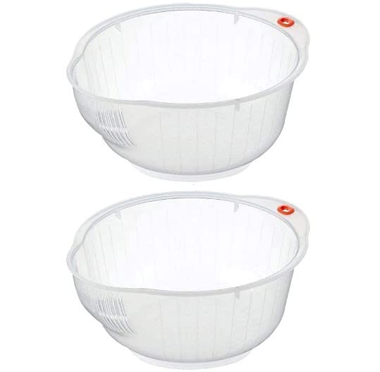 Inomata Japanese Rice Washing Bowl With Side And Bottom Drainers, Clear Limited Edition (Pack Of 2)