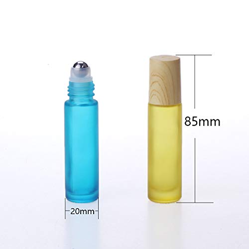 Essential Oil Roller Bottles,5 Pack 10Ml Colorful Frosted Glass Roller Bottles With Stainless Steel Roller Balls,Wood Grain Lid