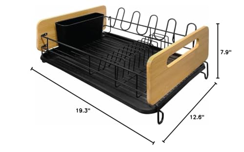 Js Gourmet Dish Drying Rack With Cutlery Holder And Drip Tray, Rust-Resistant Powder Coated Iron Wire Dish Drainer With Bamboo S