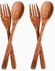 Thenga Handmade Coconut Wood Spoon & Fork Set, Pack Of 4