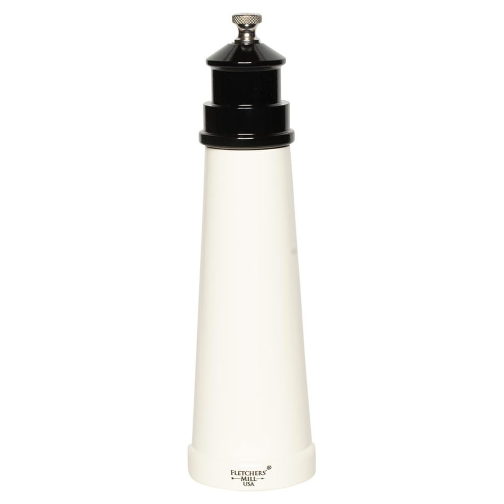 Fletchers' Mill Lighthouse Pepper Mill, White/Black - 9 Inch, Adjustable Coarseness Fine To Coarse, Made In U.S.A.