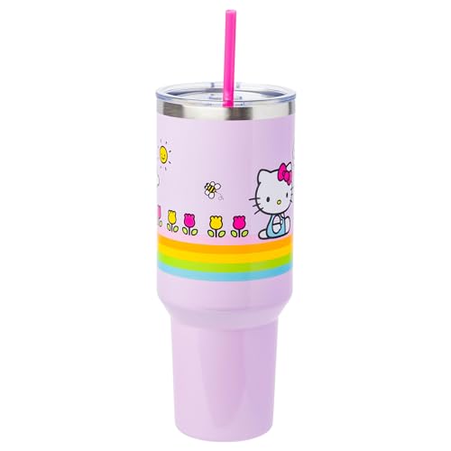 Silver Buffalo Sanrio Hello Kitty Spring And Summer Flowers Rainbow Stripes Stainless Steel Tumbler With Handle And Straw, Fits