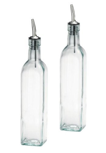 Set Of 2-16 Oz. (Ounce) Oil Vinegar Cruet, Square Tall Glass Bottle W/Stainless Steel Pourer Spout (2 Pack)