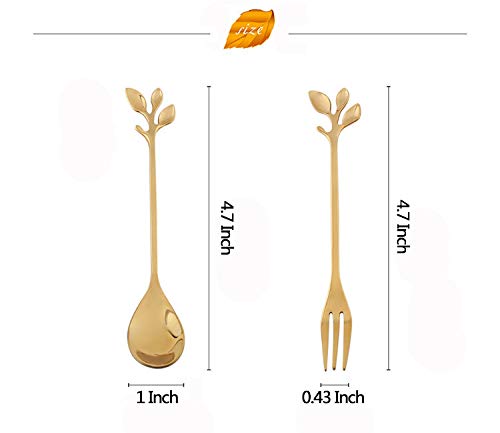 Ansaw 10-Pc Gold Mini Spoons & Forks Set, 4.7'' - Stainless Steel, Leaf Handle, Ideal For Coffee,Tea, Appetizers, Tastings, Part