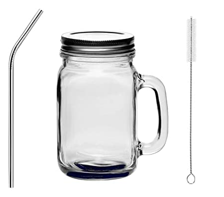 Save Mason Jar With Bent Stainless Steel Straw And Cleaning Brush And With Handle | Airtight Lid | Transparent Glass | 450 Ml | 