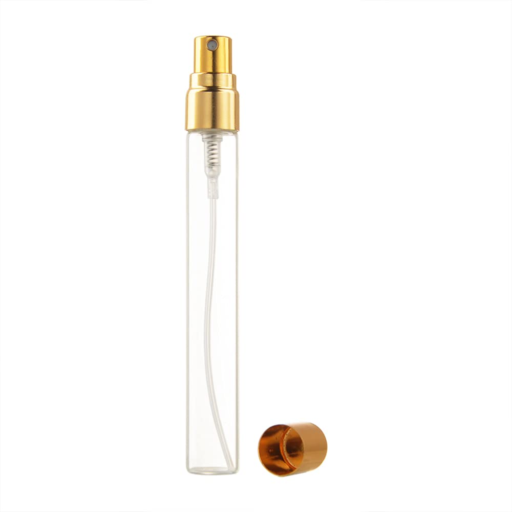 Enslz 10Ml 10Pcs Glass Spray Bottle Refillable Perfume Atomizer Mini Sample Test Bottle Thin Glass Vials (Gold)